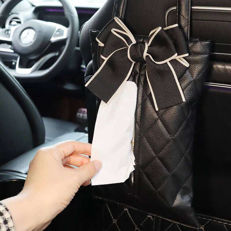 Leather Fashion Bowknot Boxes Cute Seat Back Tissue Organizer Car Decoration Auto Interior Storage Bag