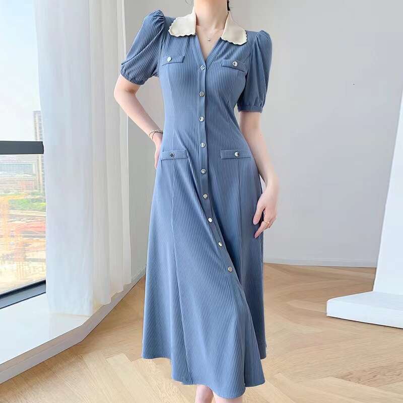 2026 Spring/Summer New Color blocked V-neck Fluffy Single breasted Short Sleeve Solid Color Knitted Dress for Women