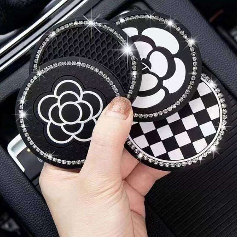 2Pcs camellia Auto Holder Coasters Silicone Anti-Slip Bling Crystal Drink Car Cup Mat