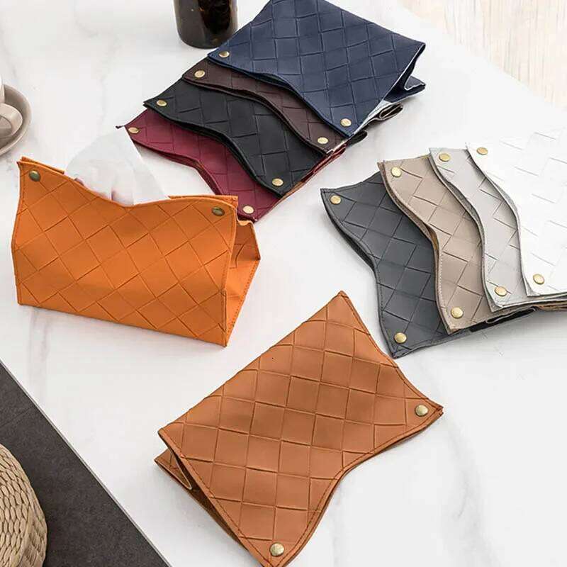 1Pc Nordic Woven Plaid Box PU Leather Napkin Holder Foldable Dustproof Tissue Storage Boxes For Home Hotel Car Office