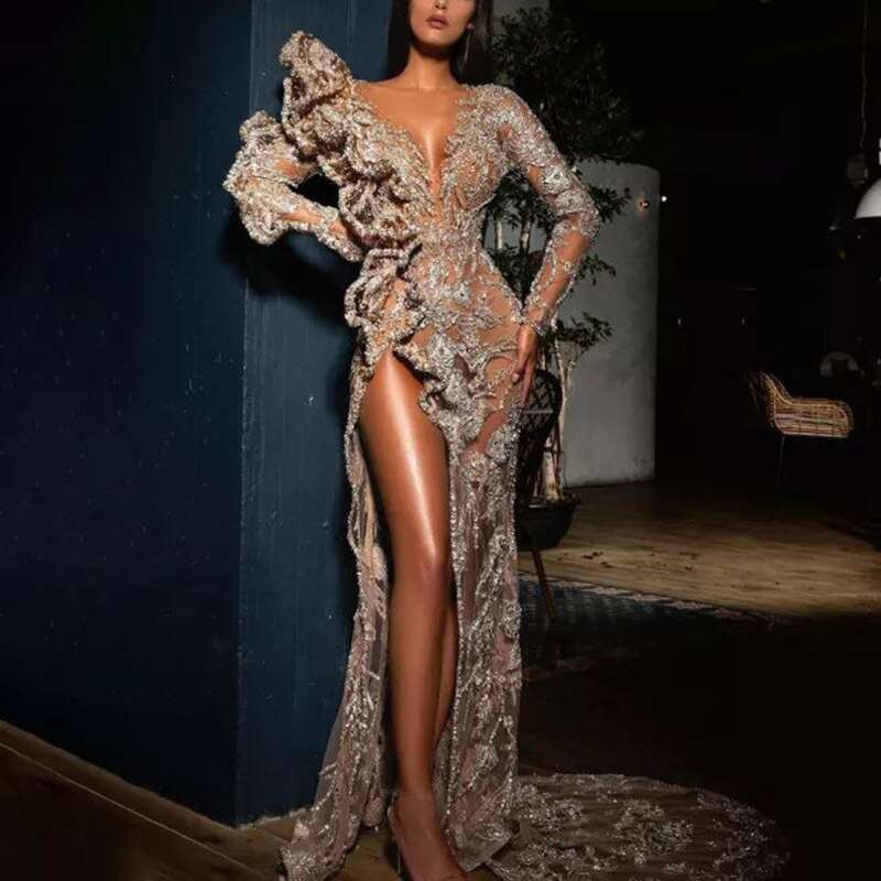 New Spring/Summer European and American Women's Sexy Satin Gilded Sequin Long Sleeve Evening Dress with Tail L260126