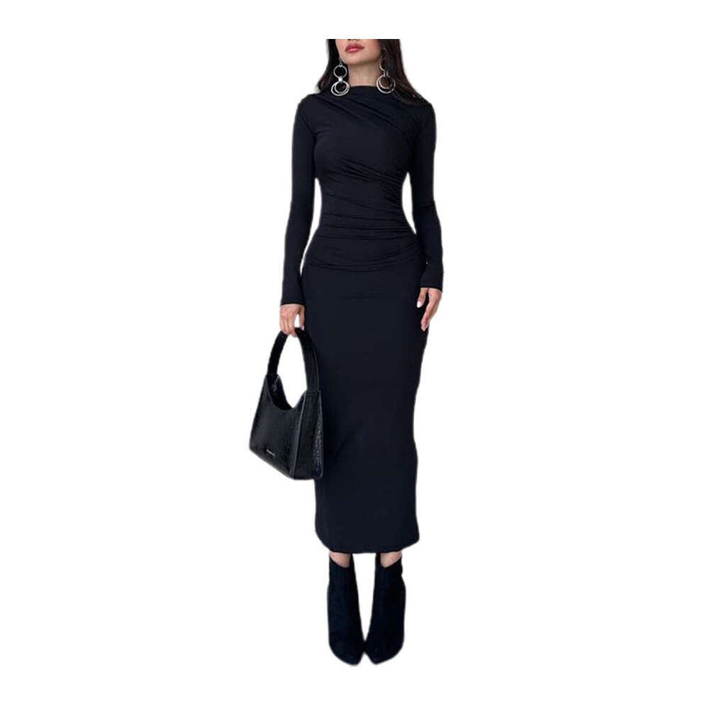 2025 Spring and Autumn New European and American Slimming High end Solid Color Elegant Long Women's Slimming Dress
