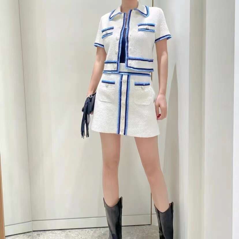 2026 Spring New Designer Navy Blue Style Color blocked Tassel Short sleeved Top Women's Knitted Skirt