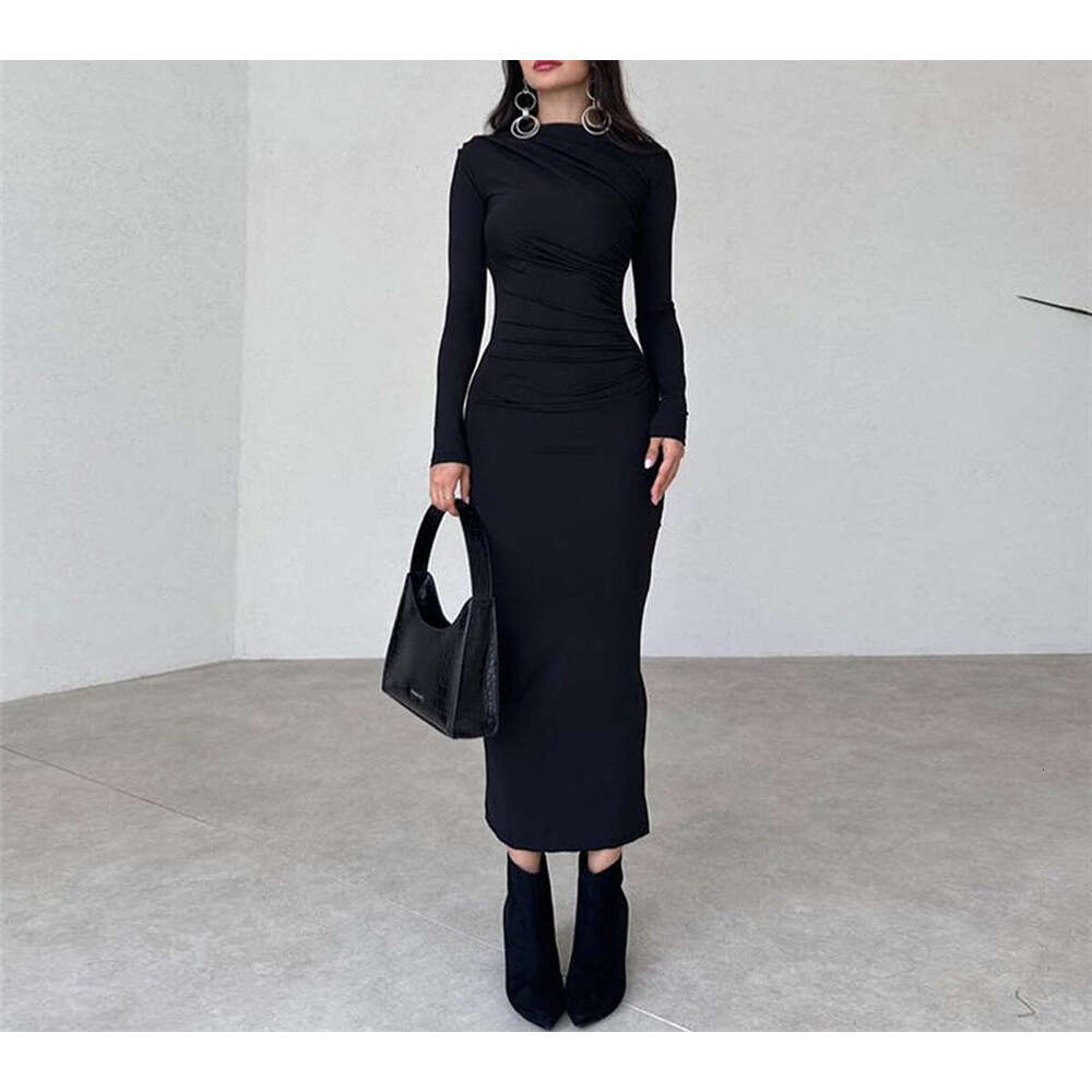 2025 Spring and Autumn New European and American Slimming High end Solid Color Elegant Long Women's Slimming Dress