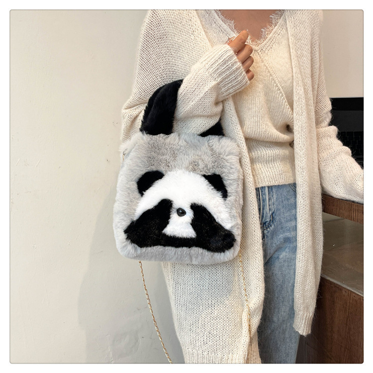Wholesale New Plush Bucket Cute Panda Face Covering Large Capacity Handbag Single Shoulder Crossbody Bag