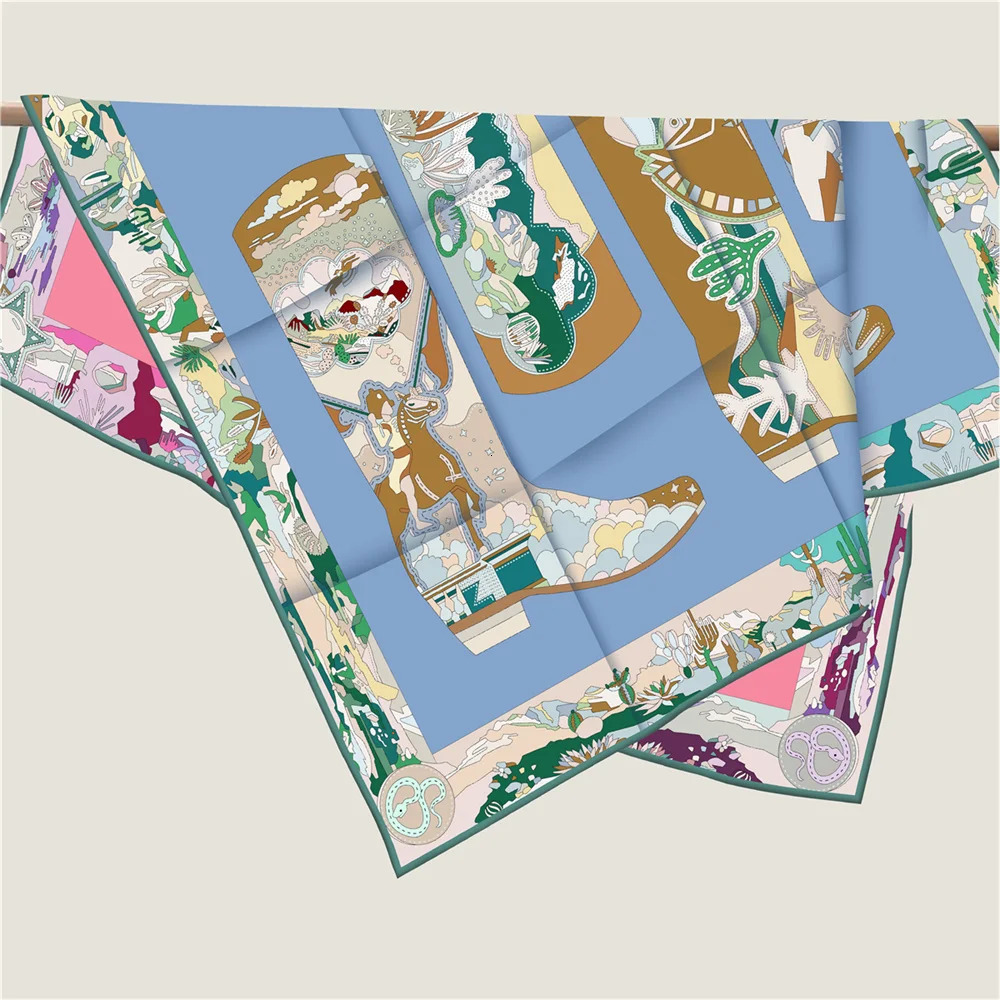 POBING Curled Twill Silk Scarf Women Leather Boots Double Side Printed Square Scarves Wraps Echarpes Foulards Femme Hijab 90CM 251230