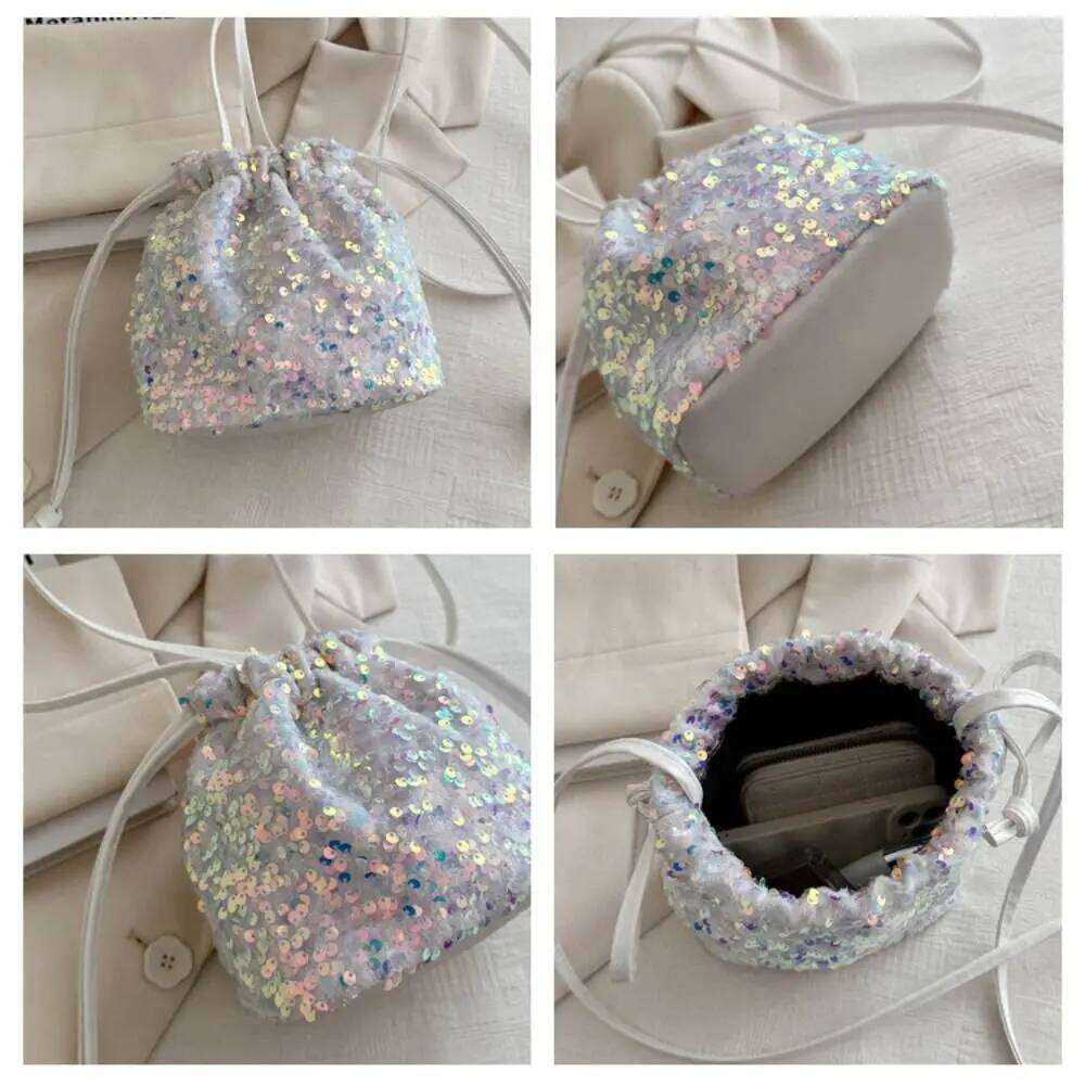 French Shiny Evening Banquet Korean Style Handbag Drawstring Crossbody Small Purse Sequin Shoulder Bag Wedding XJ260125