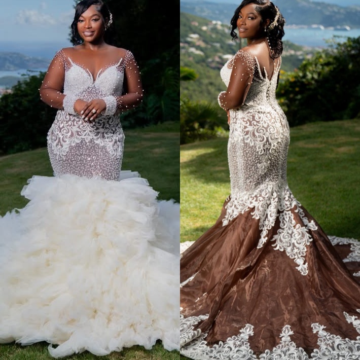 African Aso Ebi 2026 Ivory Mermaid Wedding Dress Illusion Pearls Beaded Tulle Detachable Train Vintage Charming Bridal Gowns Dresses ZJ2371
