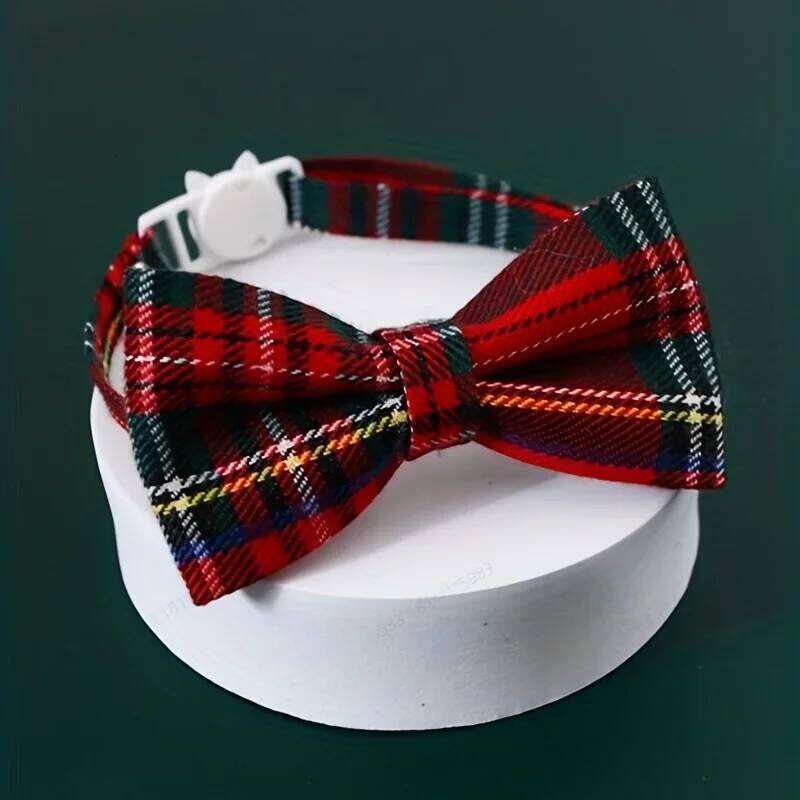 Tie 1pc-Adjustable Plaid Bow Pet Collar With Bell - & Durable Nylon, Fashionable Accessory For Cats & Small Dogs pet supplies - Nylon, &