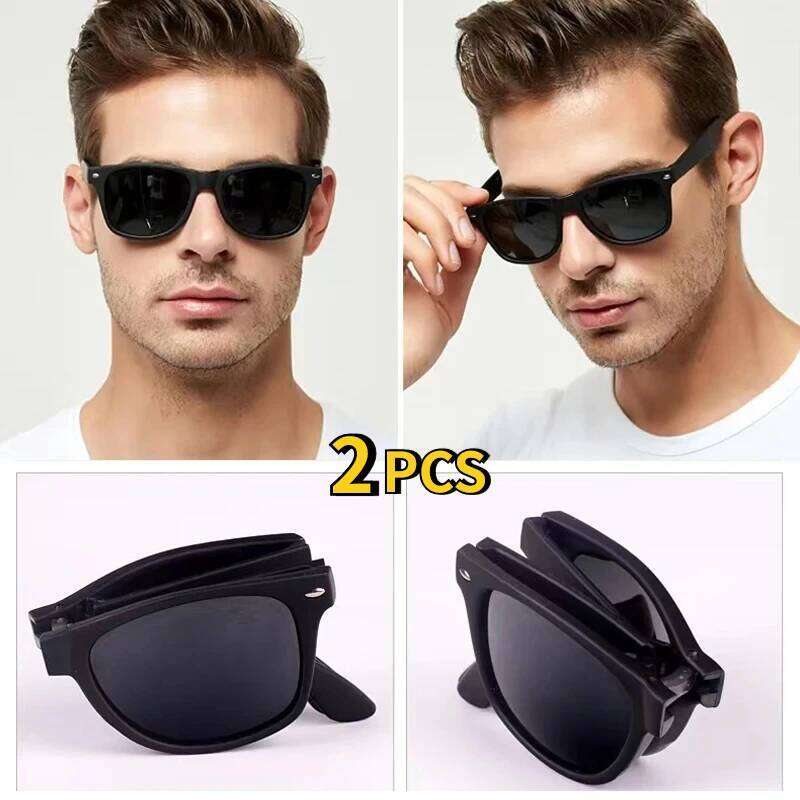 2PCS Vintage Folding Sunglasses Men Brand Eyewear Women's Fold Fashion Square Portable Outdoor Sport Sun Glasses Male Z260127
