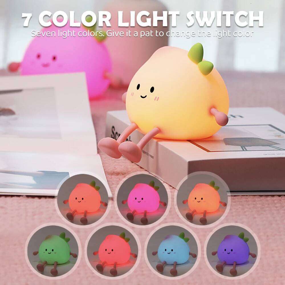 Cute Silicone Peach Night Light Rechargeable LED Nursery Nightlight 7 Colors Tap Control Bedside Lamp for Bedroom Christmas Gift Z260127