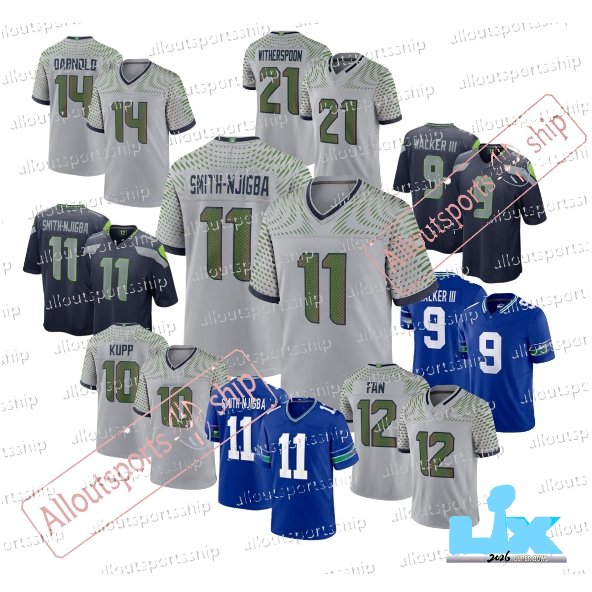 2026 Super B Football Jersey Cooper Kupp Darnold Smith-Njigba Nick Emmanwori Walker III Love Rivalries Embroidered Letter Number Design Polyester football jersey