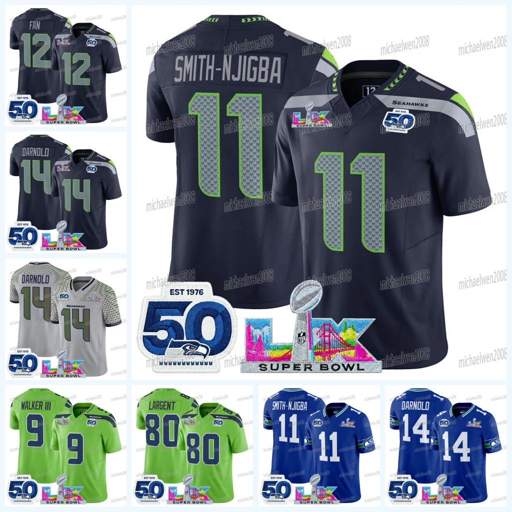 Seattles Seahawkss 2026 Super Bowl LX Patch 50th Anniversary Football Jersey Sam Darnold Kupp Jaxon Smith-Njigba Witherspoon Walker Lockett Wagner Large