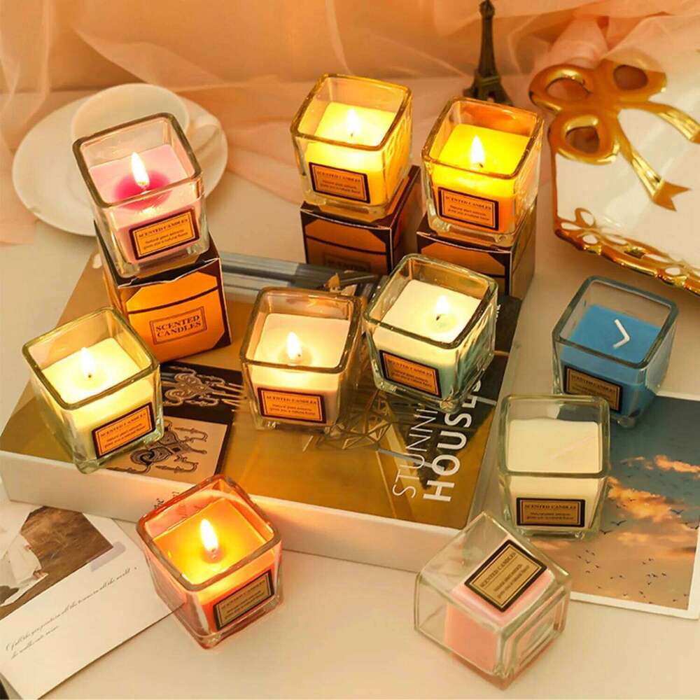 1pc Square Cup Colorful Smokeless Glass Candle Niche Aromatherapy Ins Style Romantic Home Office Party Decor Y260127