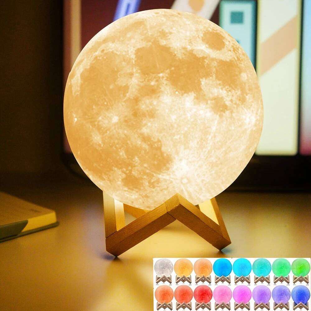 16 Colors 3D Printed Moon Lamp USB Plug LED Night with Wooden Stand Remote Control Adjustable Brightness Table Light Z260127