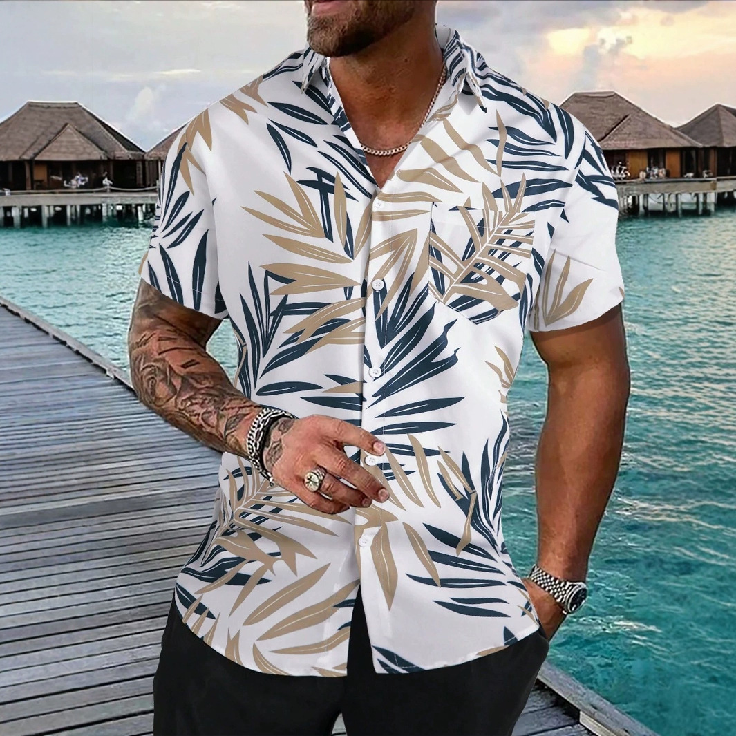 2025 Mens 3D Printed Short Sleeve Shirt Summer Vacation Hawaiian Casual Turn-Down Collar Mens Shirt