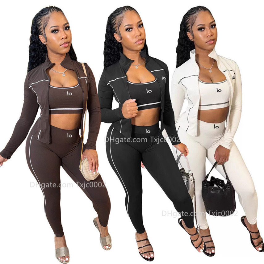 Designer Tracksuit Fashion Three Piece Set Women Casual Sports Running Yoga Outfit Embroidered Letter Tank Top Jacket And Slim Fit Pants Sportwear 8 Colors