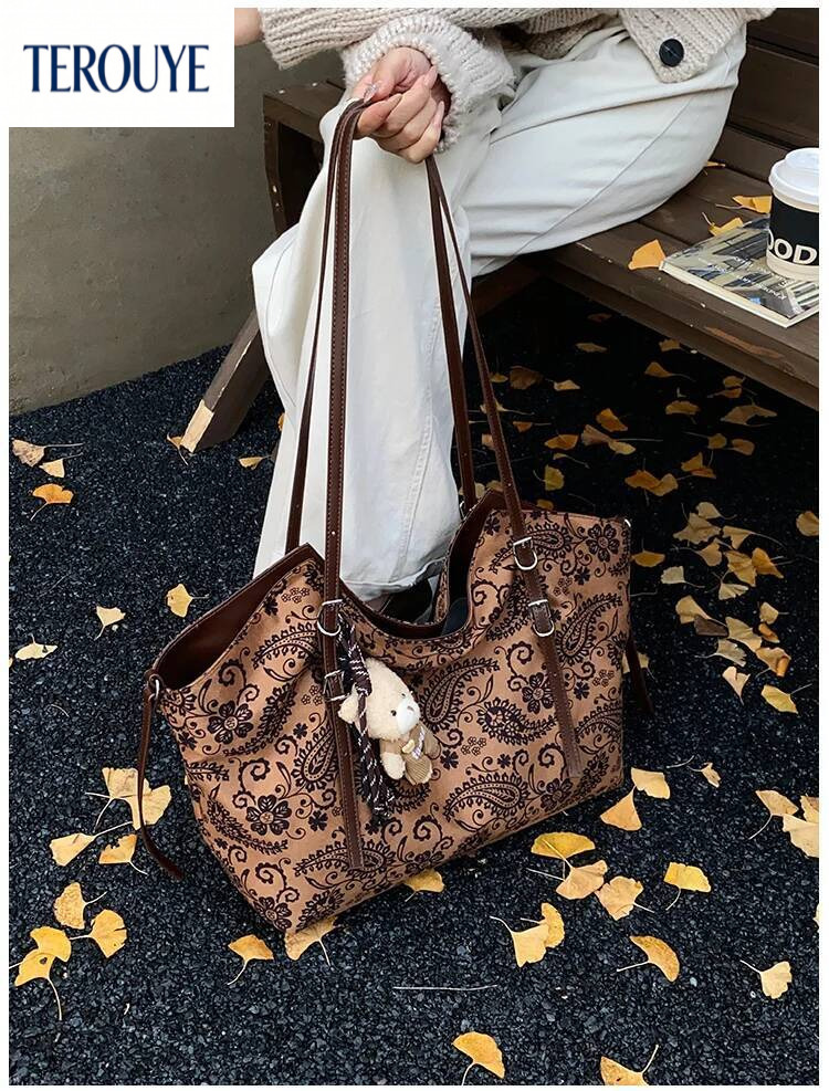 TEROUYE Retro suede design handbag for autumn and winter, large capacity, fashionable and elegant, luxurious armpit bag, women's shoulder bag, tr