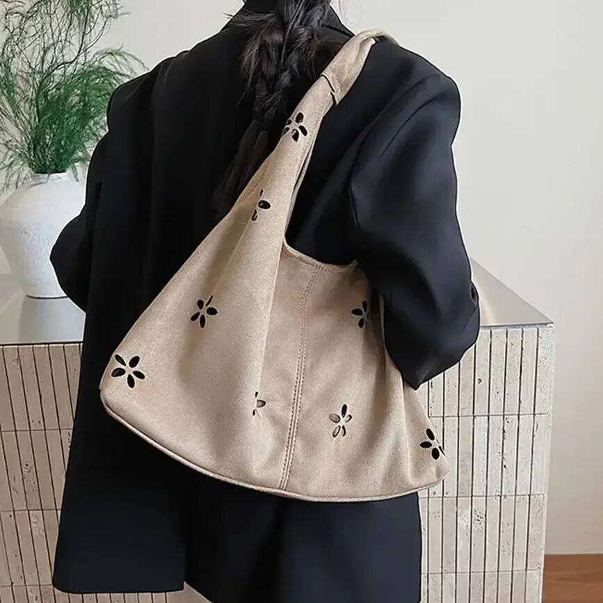 Floral Cut Out Women's Tote Autumn Winter Suede Velvet Soft Large Capacity Shoulder Bag For Commute Underarm Handbag