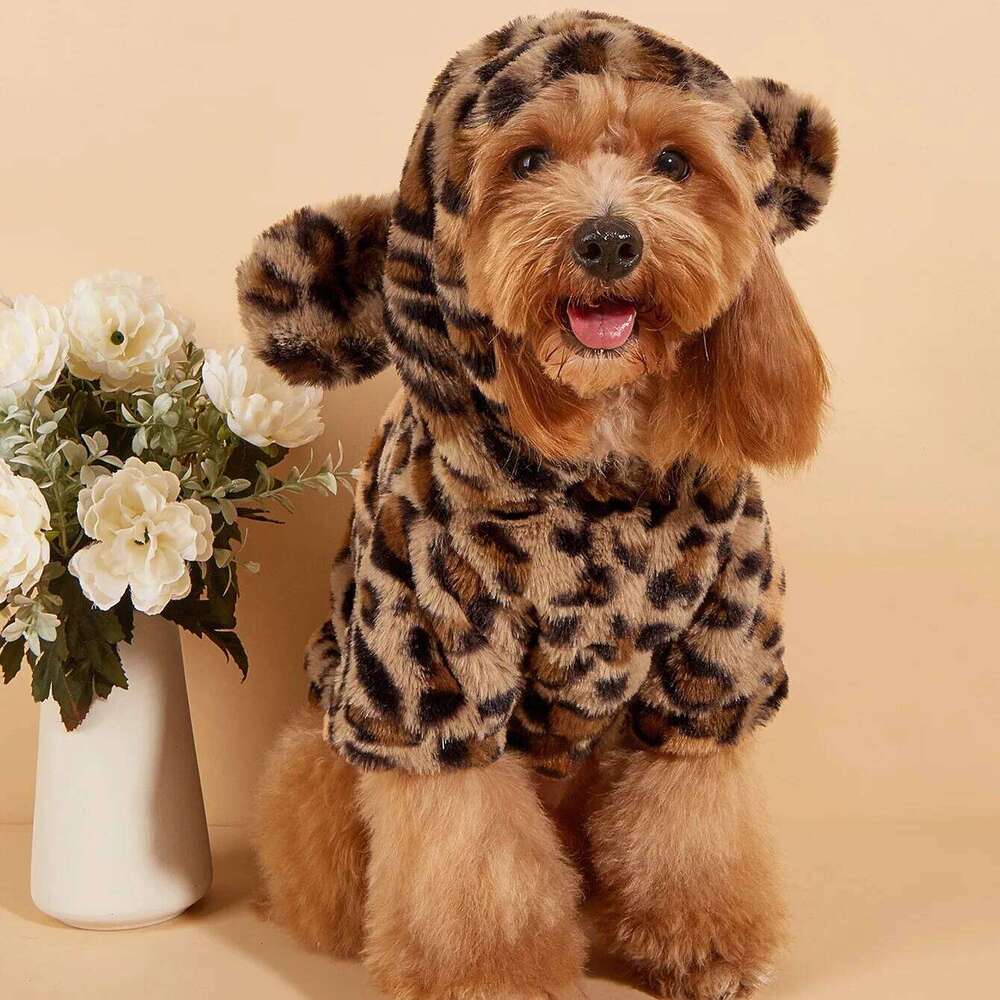 For Small & Medium Dogs, Leopard Hoodie With Ears, Plush Dog Clothes, Pet Apparel