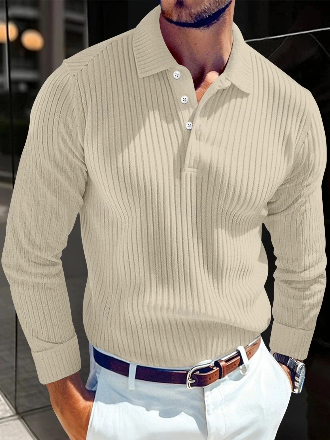 Spring and Autumn Men Solid Color Striped Button Knitted Collar Long Sleeve Top Business Casual Breathable Polo Shirt 260127