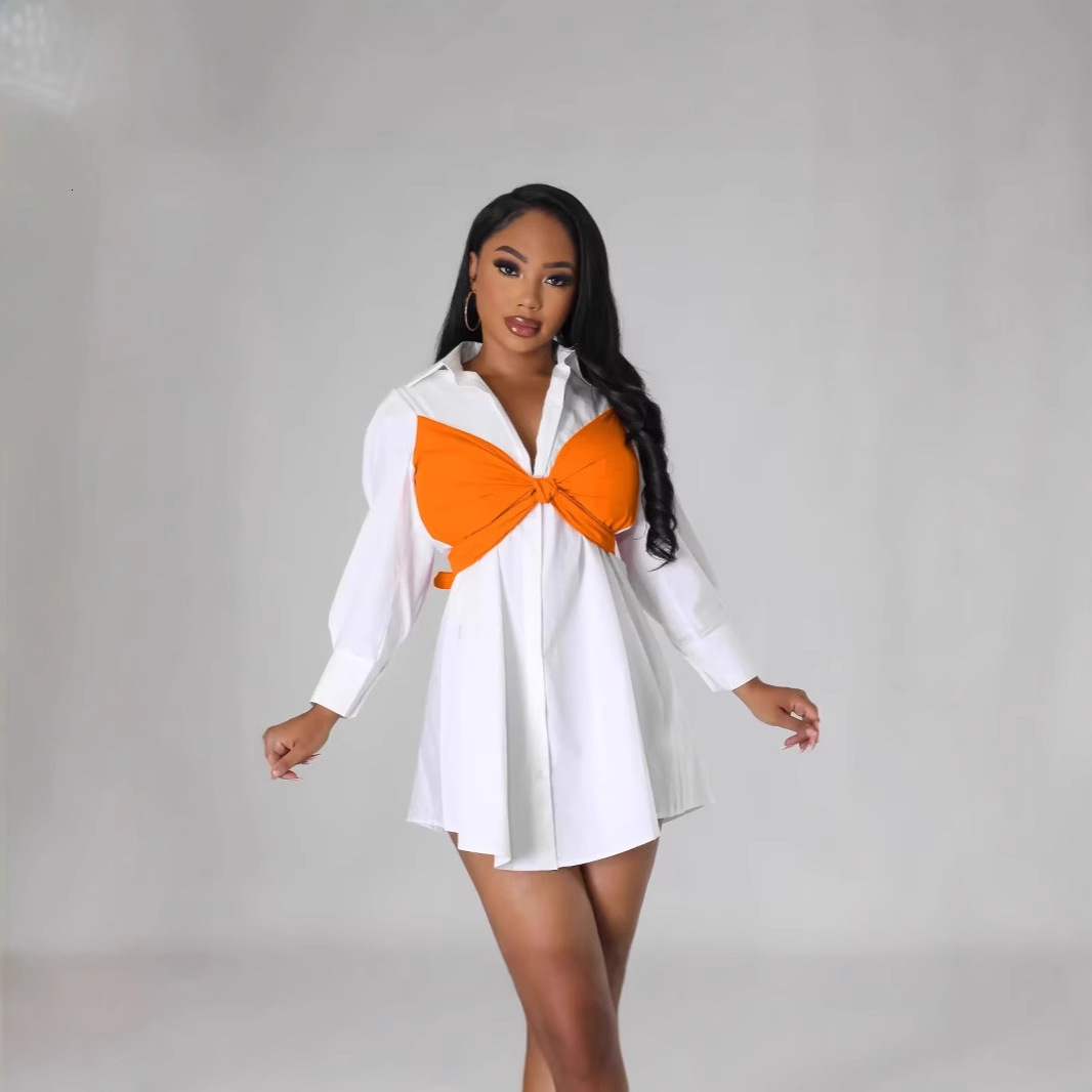 Plus Size Autumn Mini Shirts Dress Women Bow Fashion Patchwork Long Sleeve Ladies Dresses Pleated Ruffle Office Woman Dress 240806