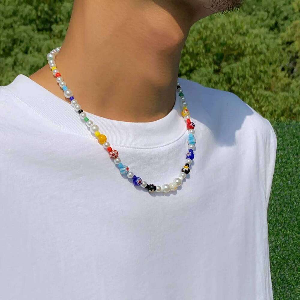 Hip Hop Color Glazed Beads Chain Retro Men Acrylic Pearls Necklaces Bohemian Jewelry Trendy Accessories 26W01127