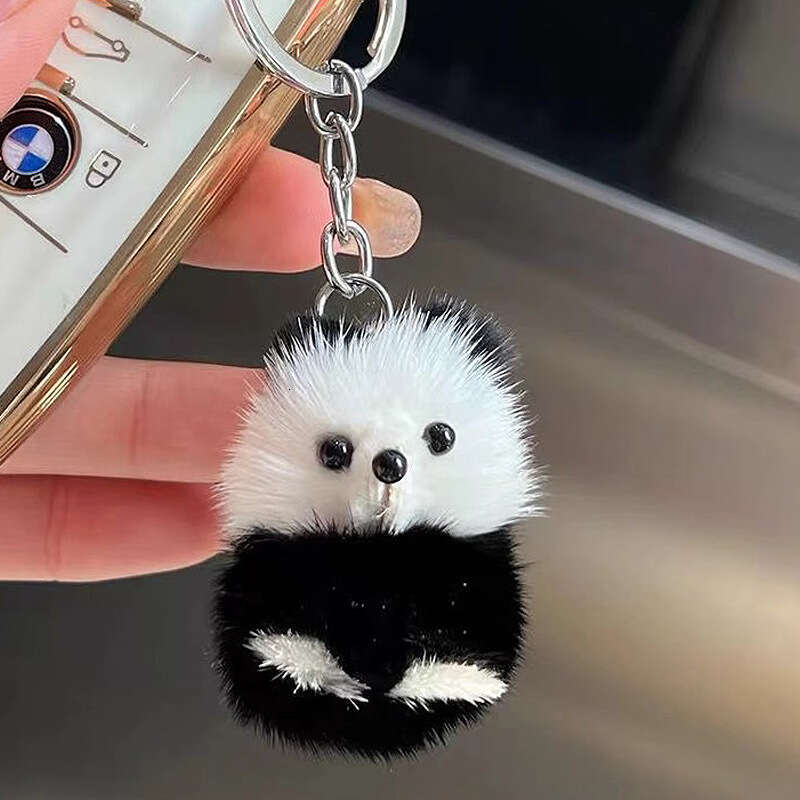 Real Mink Fur Mini Cute Panda Car Keychain Bag Pendant Phone Charm Small Gift S260126