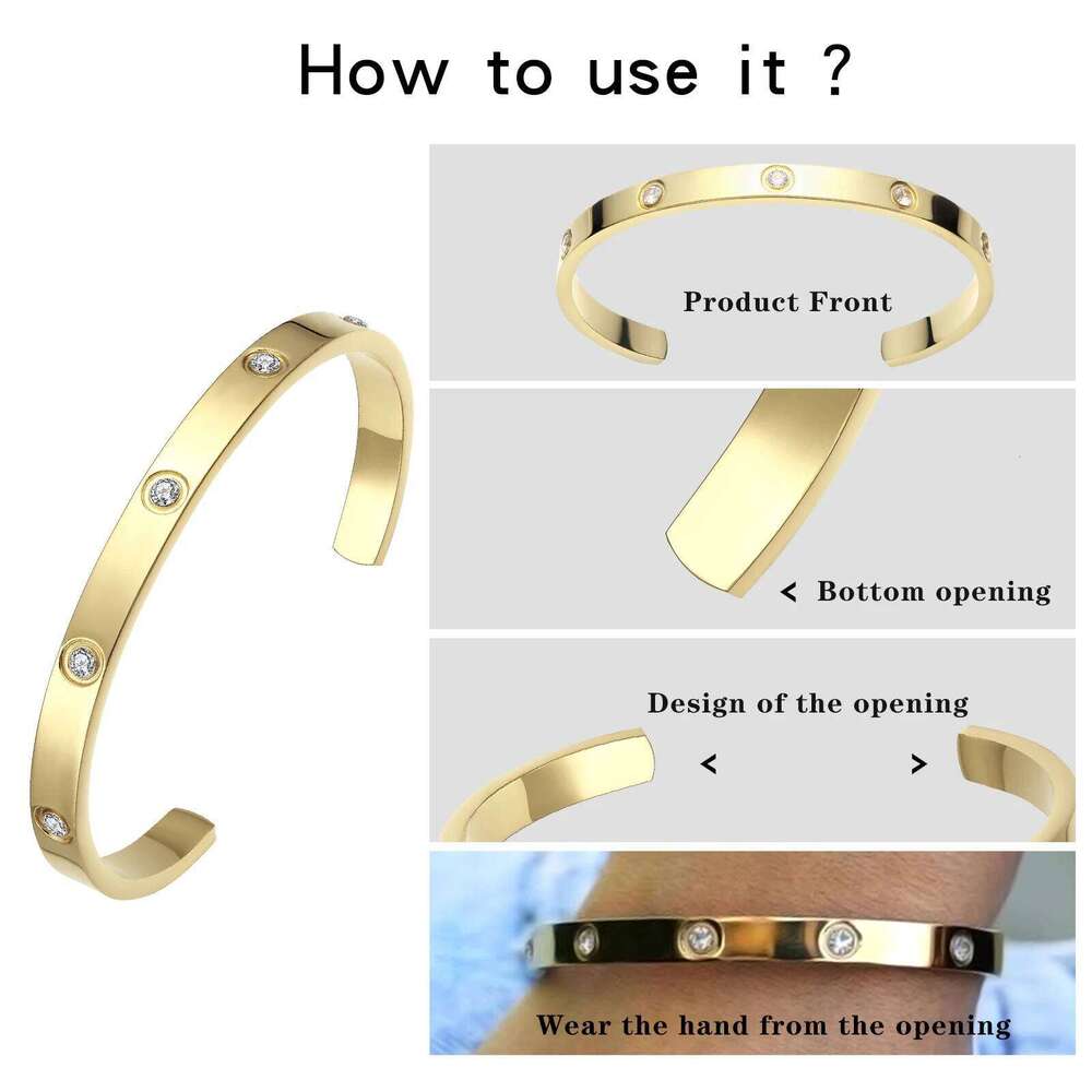 Gold Plated Bracelet with Cubic Zirconia Stones Stainless Steel Bangle Minimalist Cuff Love Charm Bracelets for Women XJ260127