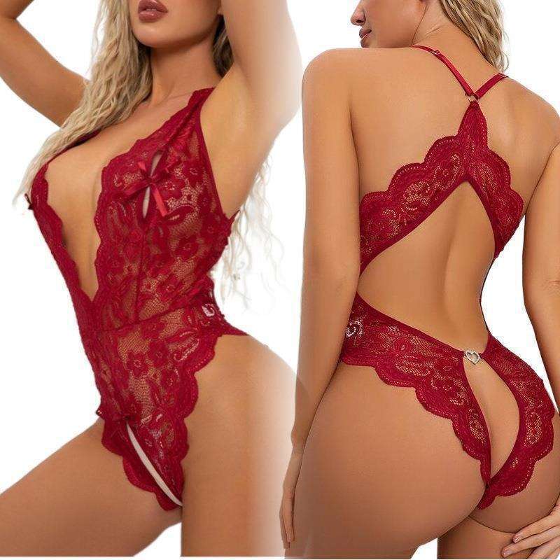 Sexy Lace Bodysuit Deep V-Neck & Open Back Design with Floral Embroidery, Elegant Black & Red Lingerie for Nightwear & Romantic Moments - view 5