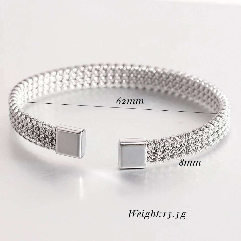 VQYSKO 8MM Woven Flat Mesh C-Shaped Open Bracelet Vintage Stainless Steel Chain Jewelry Women Men Gift Waterproof XJ260127