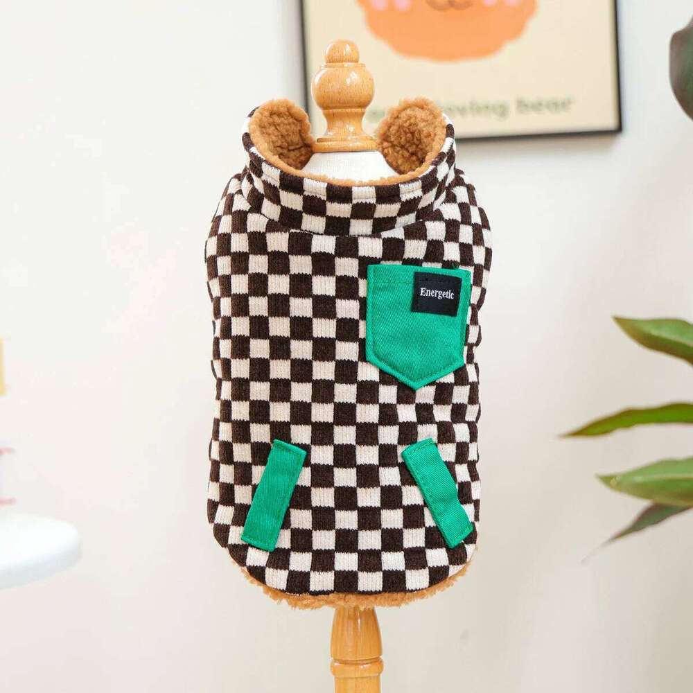Chessboard Double-Sided Vest Coffee White Grid Dog Thickened Warm Winter Pet Jacket For Dogs And Cats
