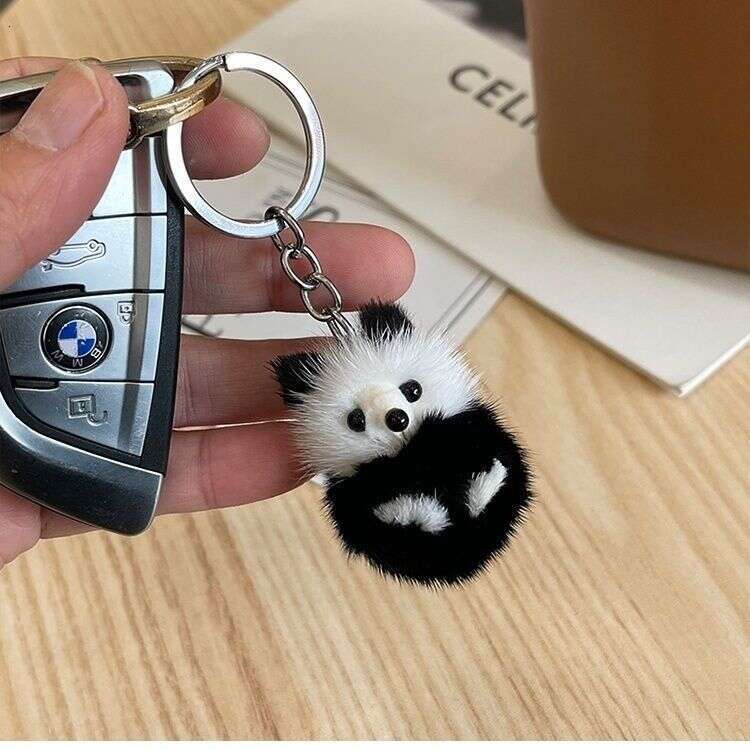 Cute Real Mink Fur Little Panda Car Keychain Pendant Plush Doll Backpack Decoration Small Gift S260126 2aa