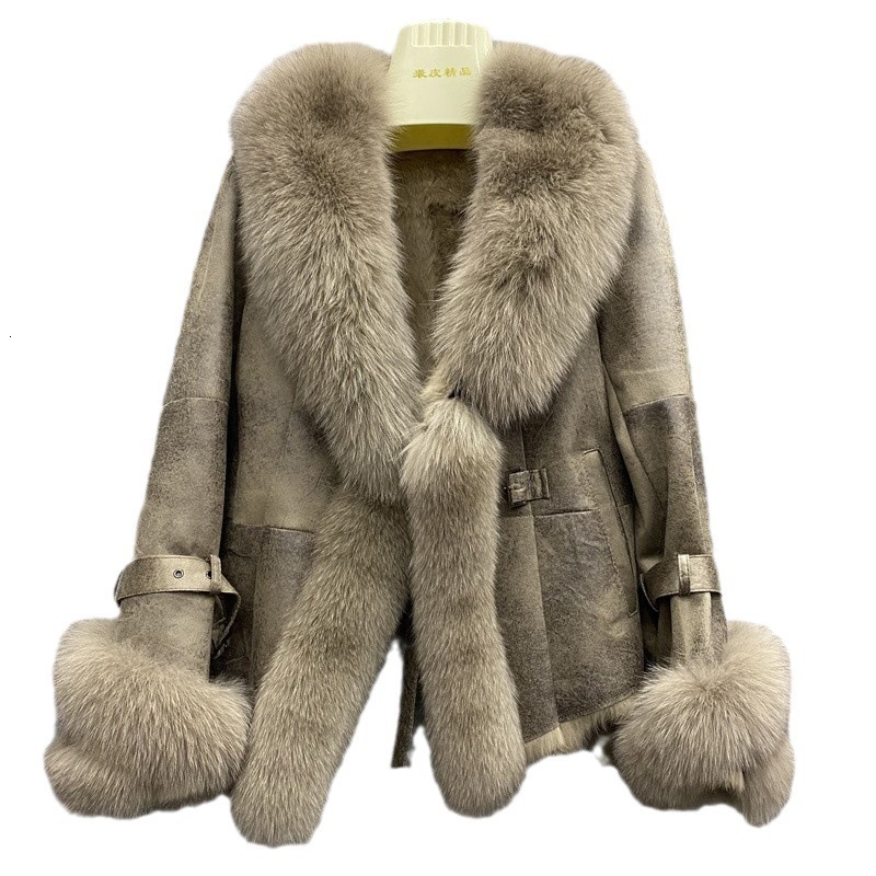 Haining fur coat rabbit fur integrated composite slim fit short large fox fur collar small fur coat 201212