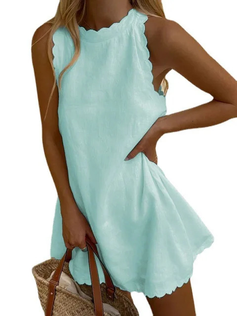 Summer Cotton Linen Mini Dress Women Solid Color Sleeveless Ruffles Dress Casual O-Neck Loose Tank Beach Dresses Sundress 260122