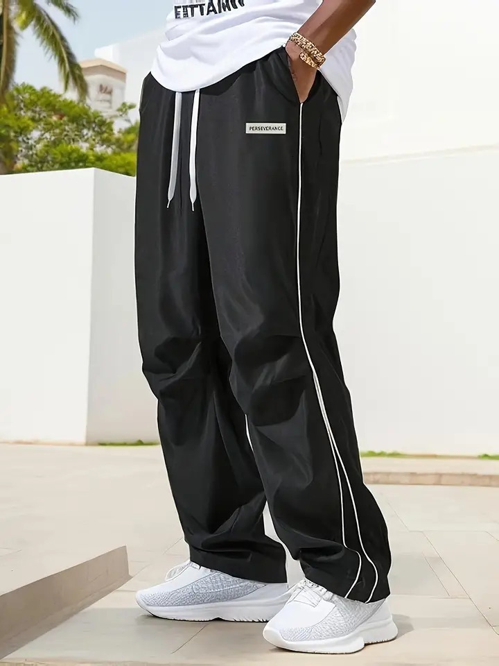 Mens Regular Plain Sports Straight Pants with Drawstrings and Elastic Waistband Reflective Webbing Suitable for Daily Leisure Street Basketball Fitnes