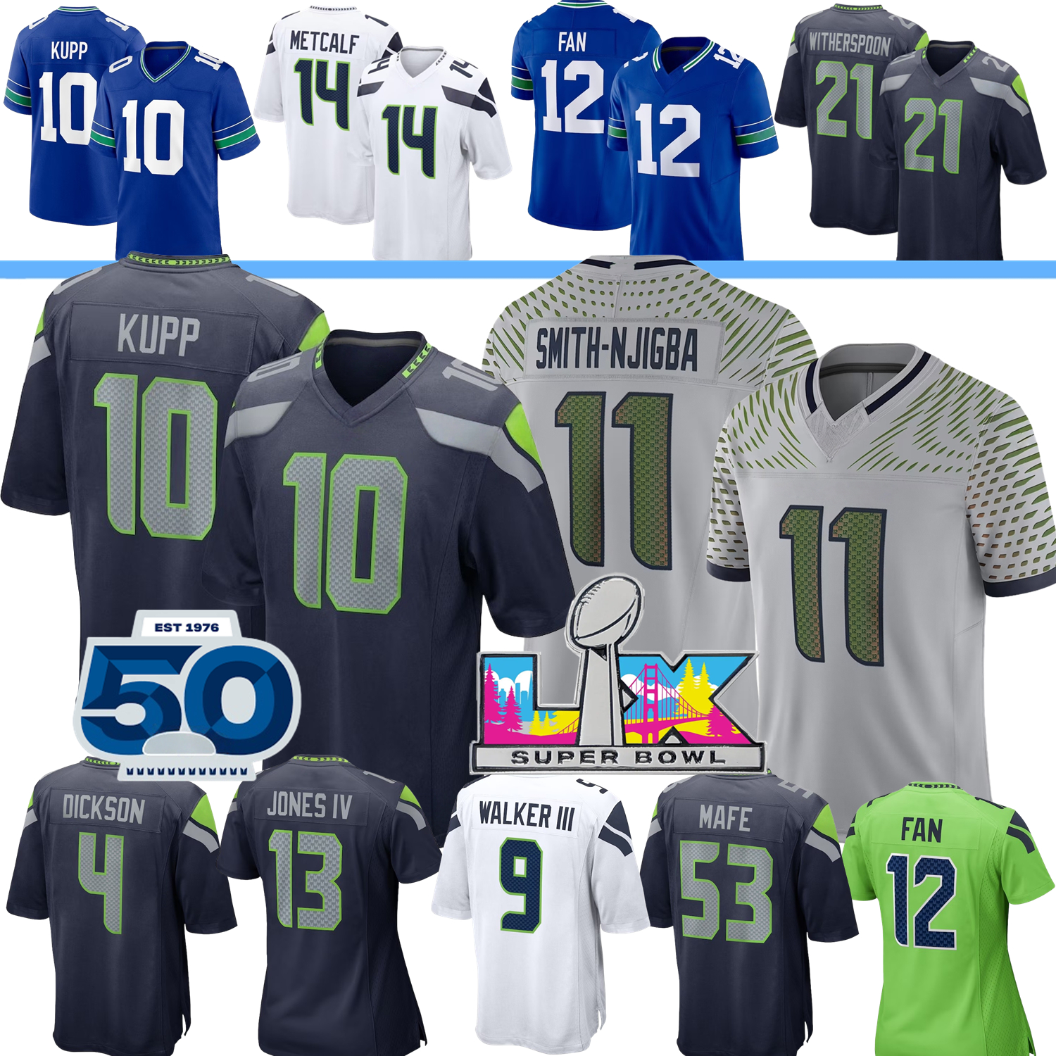 Seattle Football Jersey Jalen Milroe Seahawkses Sam Darnold Fan Cooper Kupp Jaxon Smith-Njigba Devon Witherspoon DeMarcus Lawrence Leonard Williams Walker III
