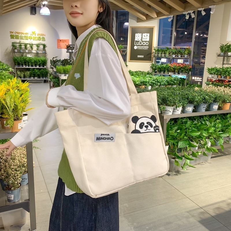 New Single Shoulder Large Capacity Fashion Handbag Urban Simple Open Solid Color Cute Panda Canvas Bag