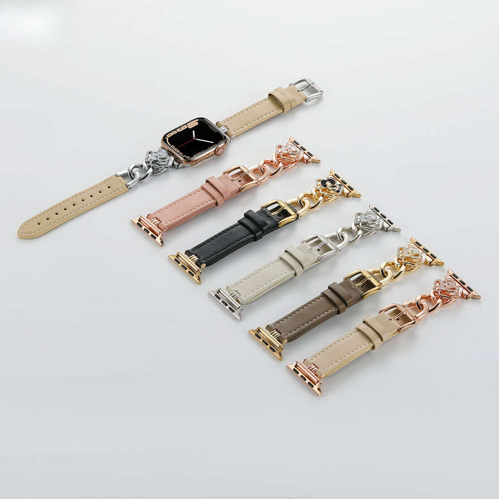 Camellia Charm Calf Leather Strap for Apple Watch Series 11/10/9/8/7 Elegant Metal Accent Wristband