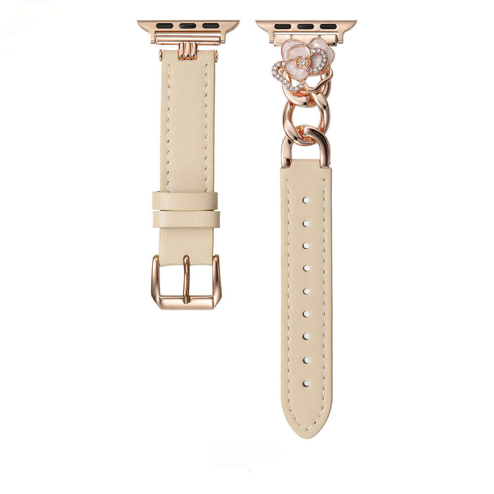 Camellia Charm Calf Leather Strap for Apple Watch Series 11/10/9/8/7 Elegant Metal Accent Wristband