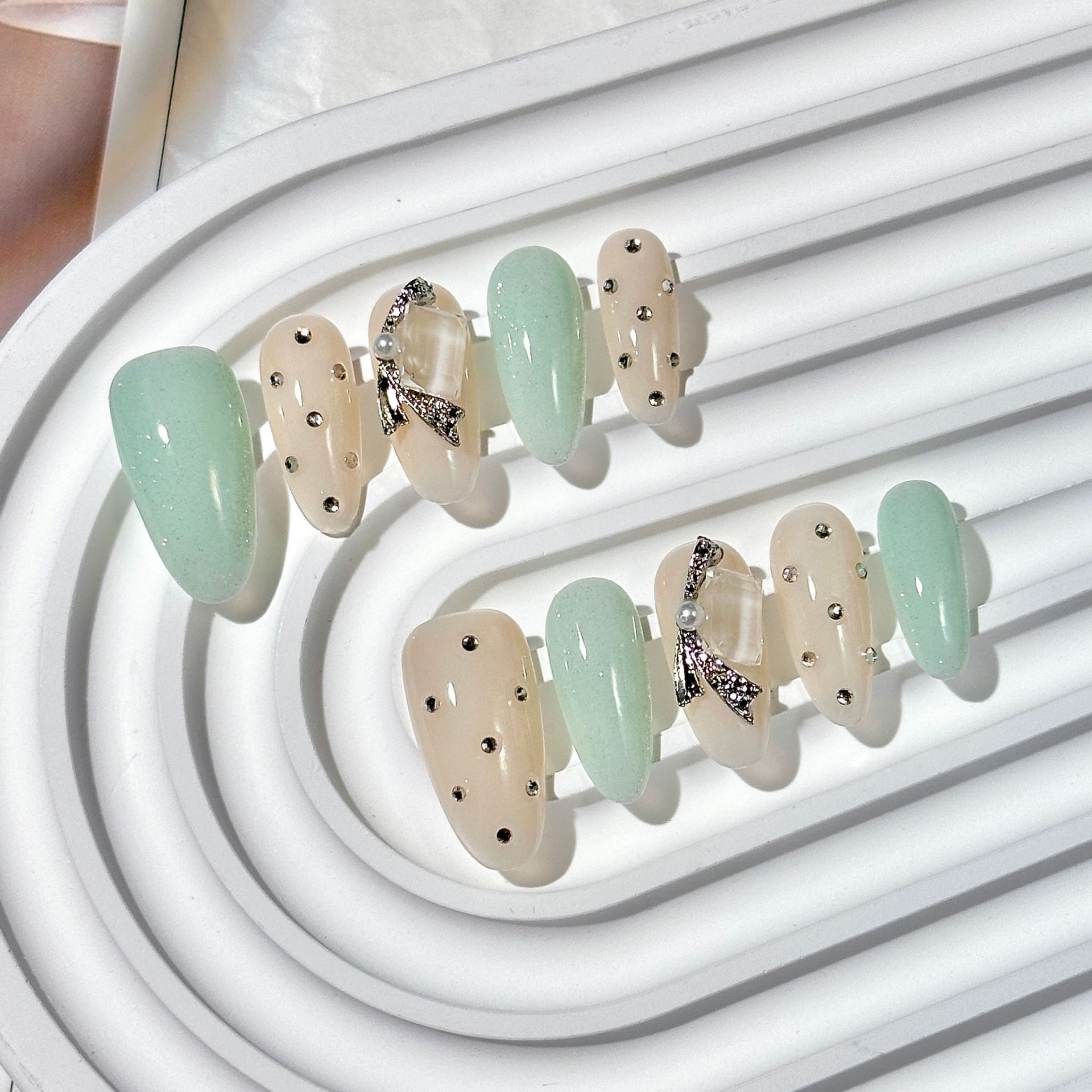 Premium Quality Hand-Painted Mint Nail Stickers Featuring Chic Spotted Pattern