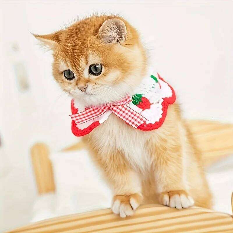Strawberry Plaid Pet Bib, Soft Polyester Bow Tie With Ruffle Edge, Adjustable Strap For Cats Dogs All Sizes