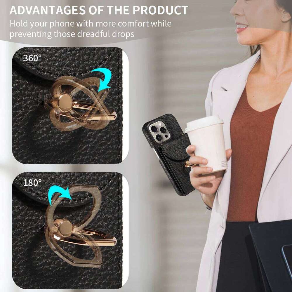 High Quality Ring Stand Lychee Pattern Phone Case for IPhone16promax15 14 13 Crossbody with Lanyard PU Leather Anti-fall Cover 26H0127