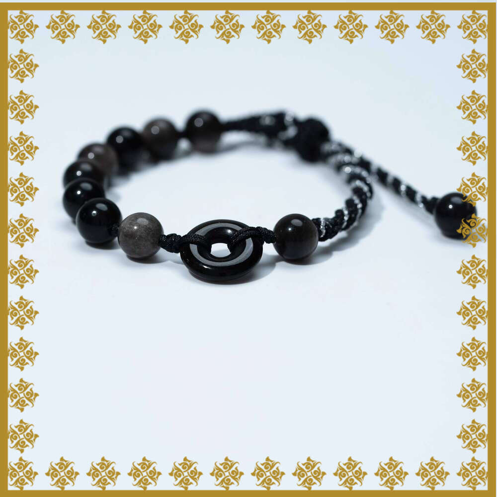 Dunhuang Volcanic Glass Couple's Bracelet Set - Matching Black Obsidian Adjustable Cords for Protection & Connection