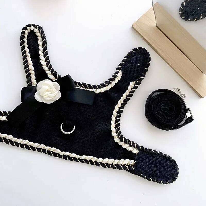 Dog Chest Strap Camellia Harness Vest with Leash Set for Small and Medium & Dogs Walking, Black, Luxury Designer Clothes pet supplies Walking, Black,
