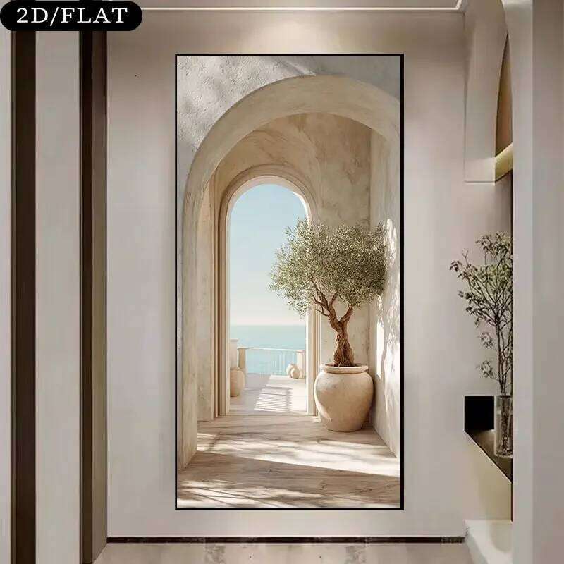 Large Frameless Coastal Mediterranean Olive Tree Arch Canvas Print - Island Inspired Beige & White Greek Vibe Wall Art, 31 26H0127 - view 3