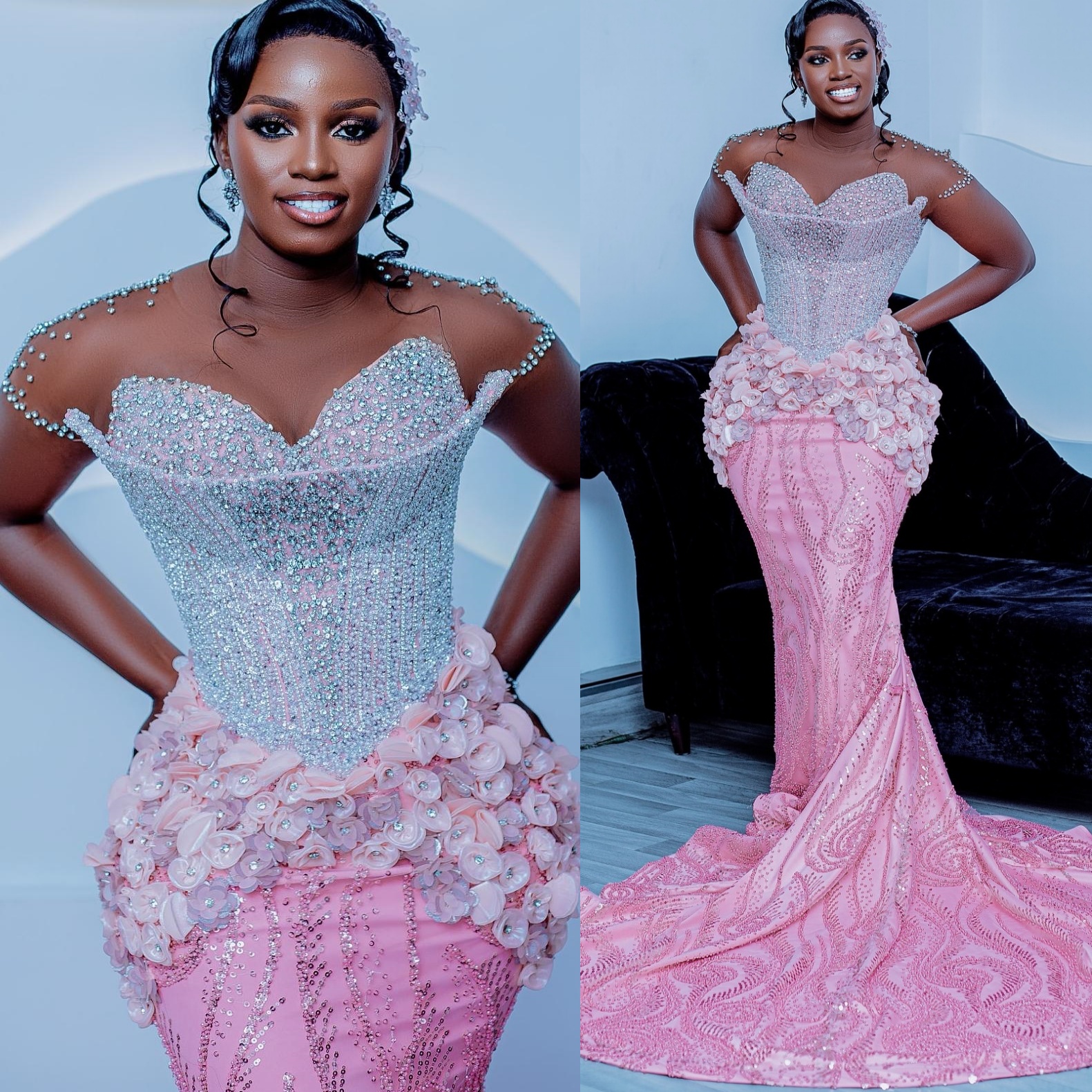 Aso Ebi Pink Mermaid Prom Dresses 2026 Crystals Flowers Sheer Neck Sequined Evening Formal Party Second Birthday Engagement Gowns Dress For Special Oc