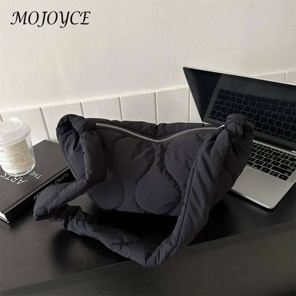 Female Puffer Shoulder Bag Trendy Soft Down Cotton Padded Tote Handbag with Zipper Solid Color Lightweight for Autumn and Winter