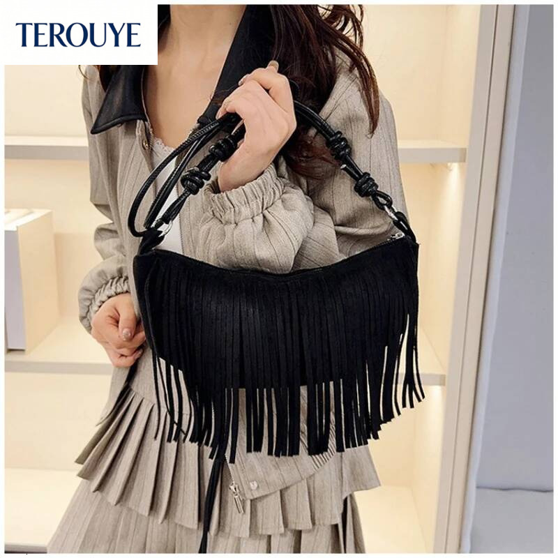 TEROUYE Korean retro style suede armpit bag autumn and winter new collection tassel elegant luxury bag trend versatile women's shoulder bag fashi