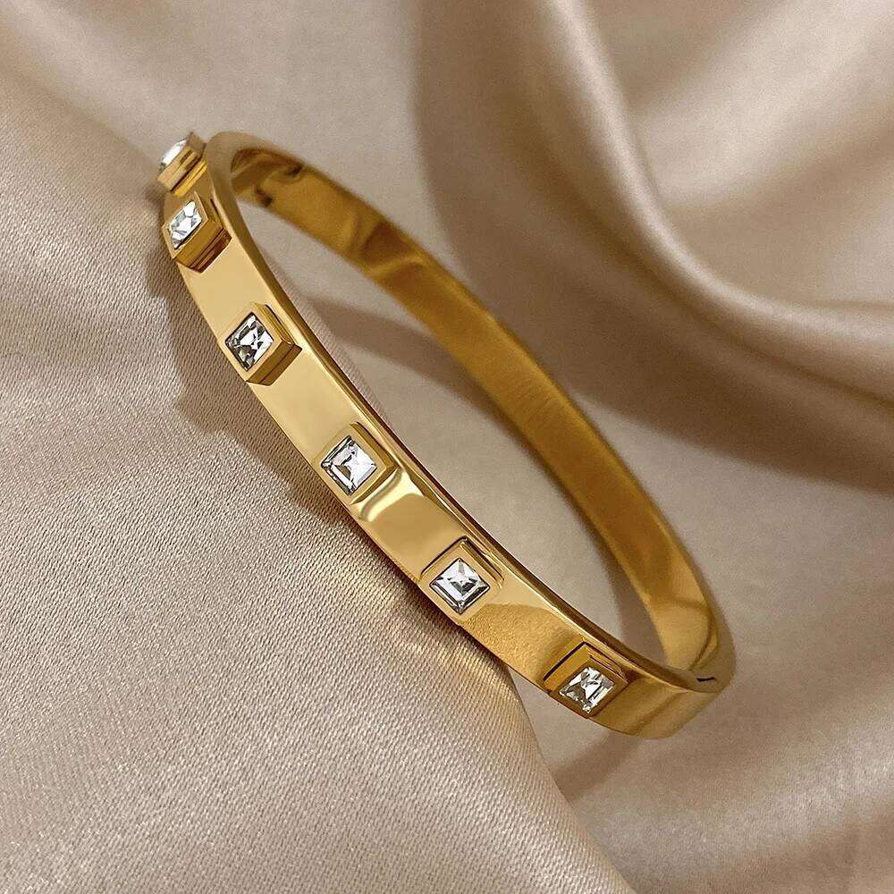 Fashion Square Zircon Cuff Bracelets Bangles for Women Glossy Smooth Gold Plated Stainless Steel Stackable Wristband Jewelry XJ260127